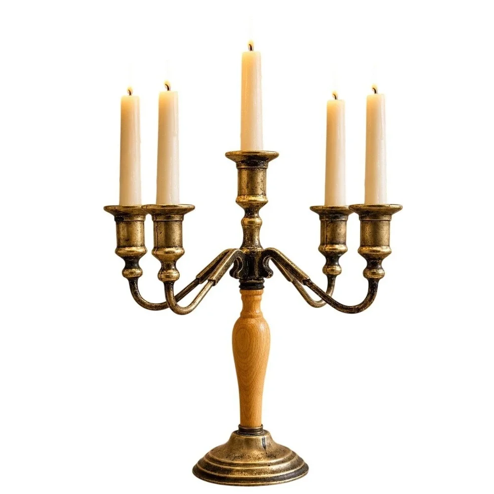 Vintage Italian Brass Wood 5 Arm Candelabra Candle Holder Made in Italy 12